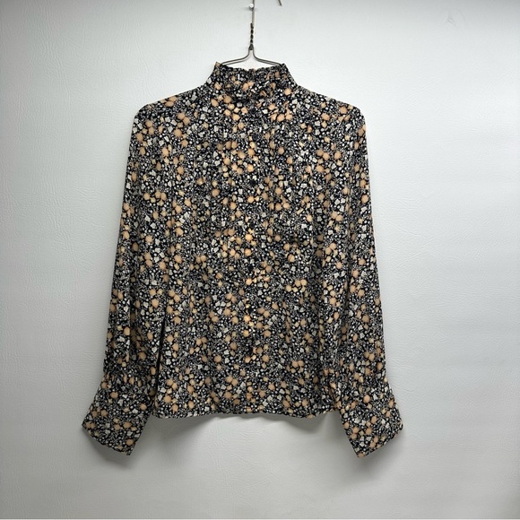 Nili Lotan for target Floral Print Long Sleeve Pleated Blouse Black Yellow XXS - Picture 3 of 10
